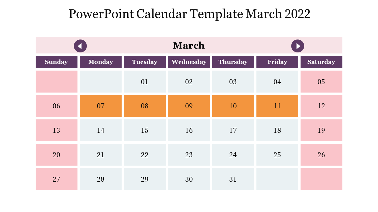 Amazing PowerPoint Calendar Template March 2022 Slide